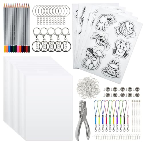 BATINO 208 Stück Schrumpffolien Set, 20 Leeres Schrumpfpapier, 5 Schrumpfkunstpapier mit Muster, Locher, Buntstifte, Schlüsselanhänger Zubehör, Schrumpffolie Set für DIY Handwerk