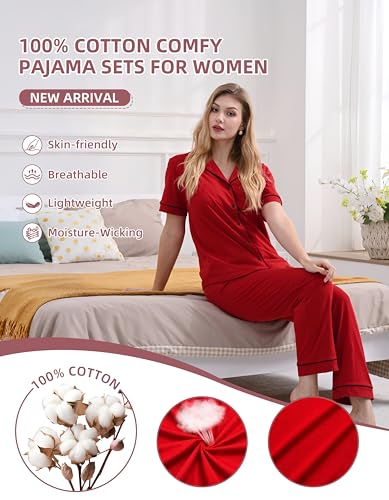 Image of NAP BOUND 100% Cotton Women's Pajama Sets Short Sleeve Button Down Soft Pjs 2 Piece Lounge Set with Pocket Nightwear XS-XXL