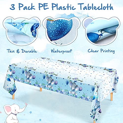 Image of Moukeren 3 Pack Elephant Tablecloth Baby Shower Decorations Plastic Table Cover Rectangle Table Decors for Boy Girl Gender Reveal Birthday Party Supplies, 54 x 108 Inch (Blue,Boy)