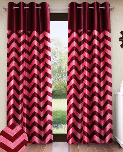 Image of Home Sizzler 2 Pieces Solid Patch Zigzag Print Eyelet Polyester Door Curtain - 7 Feet, Maroon