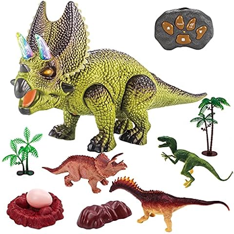 Remote Control Dinosaur Toys - Realistic Triceratops Dinosaur Toys, Walking Dinosaur Toy with LED Light Up, Roaring Sound, Shaking Head, Dinosaur Gifts for Boys age 3 (Green) Cover