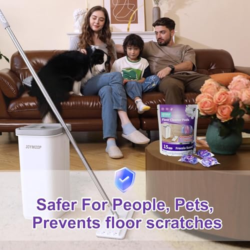 Image of JOYMOOP Flat Mop System, Mop and Bucket Set, White, Commercial & Household Floor Cleaning Mop with Freesia Scent Cleaning Pods, Includes 3 Reusable Microfiber Pads and 15 Detergent Pods