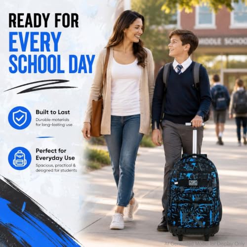 Image of 3Pcs Rolling Backpack for Boys Men, Travel Roller Backpacks with Wheels for Adults, Teens College Graffiti Wheeled Bookbag with Lunch Box(Blue)
