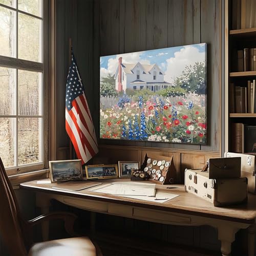 Image of Memorial Day Canvas Wall Art, Vintage Patriotic Cottage Print, Wildflower Garden and Farmhouse Landscape Poster Framed Art, Summer Independence Day Decor for Entryway or Living Room 8x10inch