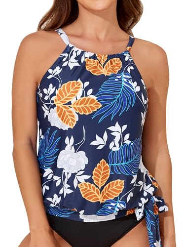 Smismivo Blouson Tankini Tops for Women High Neck Tank Top Bathing Suit Halter Swim Top Padded Swimwear Top Only