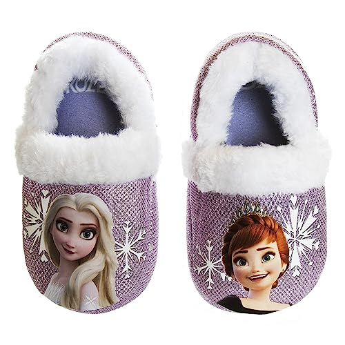 Disney Frozen 2 Elsa and Anna Girls Slippers - Plush Non-Slip Comfy Fluffy Lightweight Warm Comfort Soft Aline Indoor House Slippers - purple (Toddler 5-6)