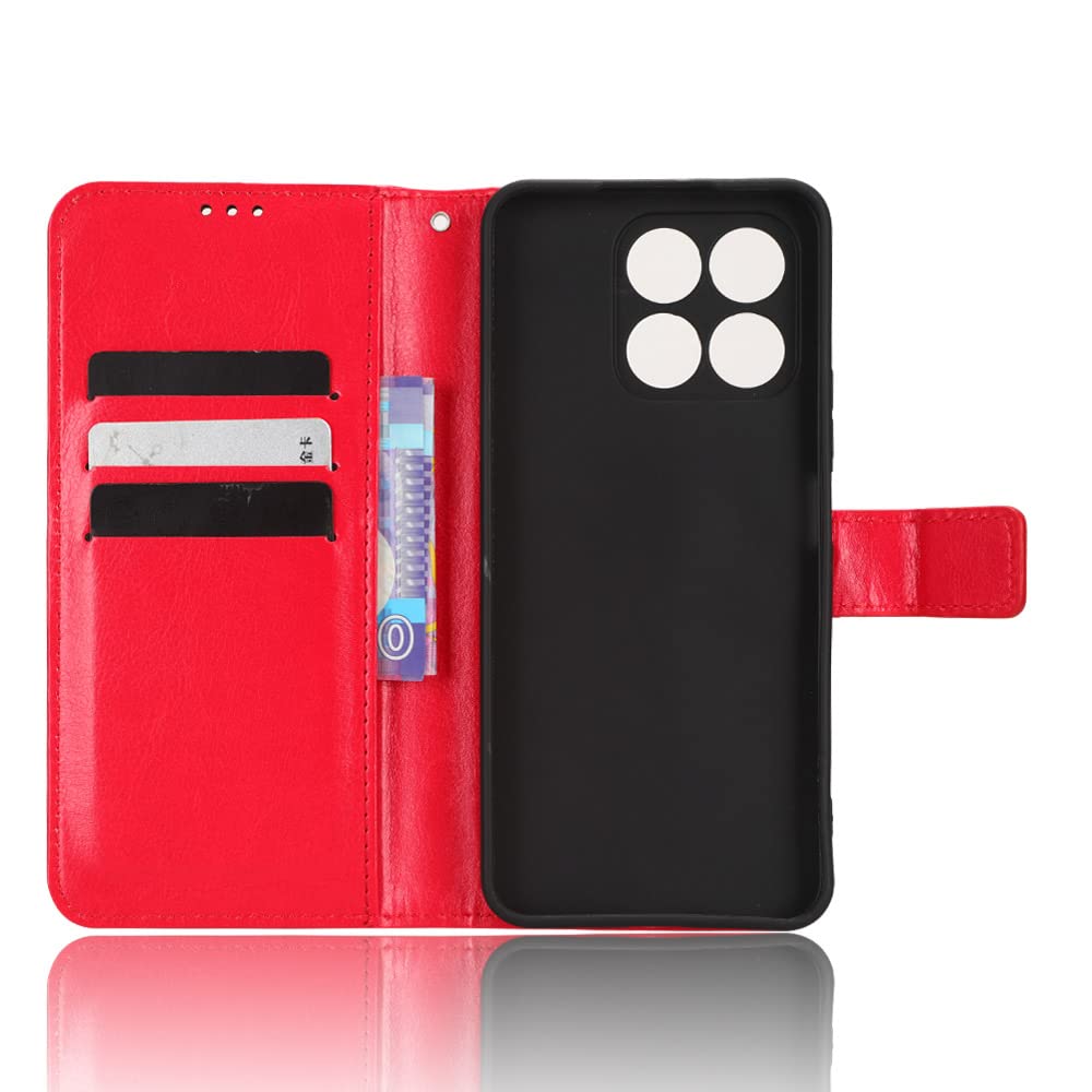 HAOYE Cover per Honor X8a a Portafoglio, Libro Custodia Magnetica Flip Case con Supporto di Stand/Carte Slot, Pelle PU/TPU Protettiva Caso. Rosso