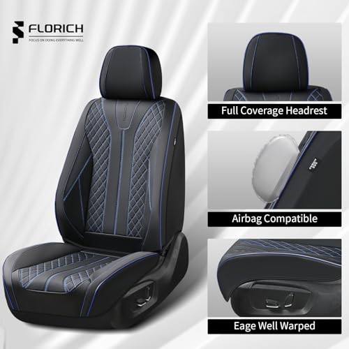 Image of FLORICH Automotive Car Seat Covers Front Seat, Leather Car Seat Cover 2 Pack Waterproof Front Seat Covers Full Coverage Driver Seat Protector Universal Fit for Most Cars SUV Trucks, Black&Blue Line