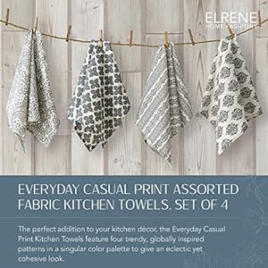 Elrene home fashions everyday casual prints assorted cotton fabric kitchen towels set of 4 17 x 28 gray 4 count  urban country home decor