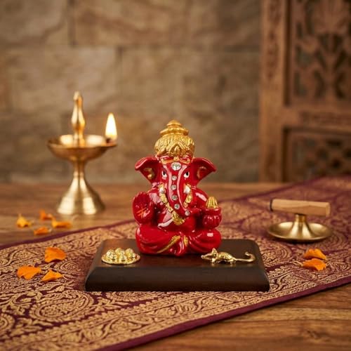 Image of eCraftIndia Red Blessing Ganesha Statue | Lord Ganesha Idol for Home Decor Car Dashboard | Ganesh Ganpati Murti Gift for Diwali Housewarming Birthday