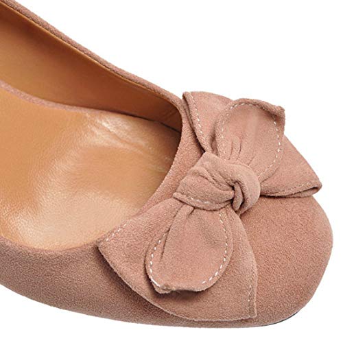 VOKLIN Women's Pointed Toe Bow Dress Pumps Suede Slip On Comfort Chunky Block Mid Heels Work Office Shoes4
