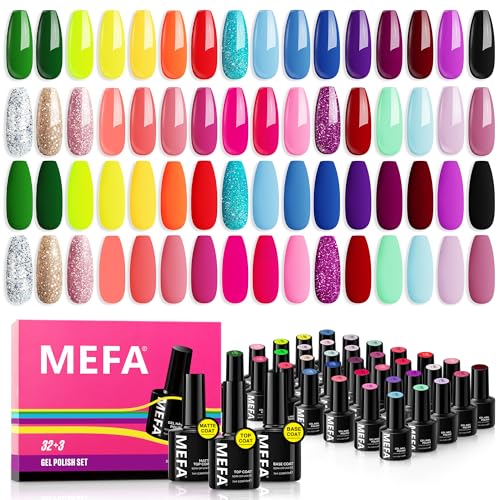MEFA Pintauñas Semipermanente, 35pcs Neon Glitter de Esmaltes Semipermanentes Remojo con Base, Top Coat y Mate, Set Esmalte de Uñas Semipermanentes Set Manicura para Nail Art