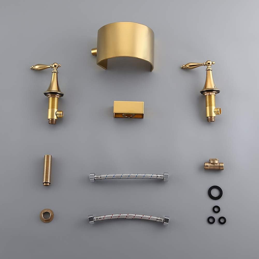 Black Friday - 70% OFF Weibath Waterfall Widespread Bathroom Sink Faucet 3 Hole Double Lever Handle Lavatory Faucet in Gold Solid Brass