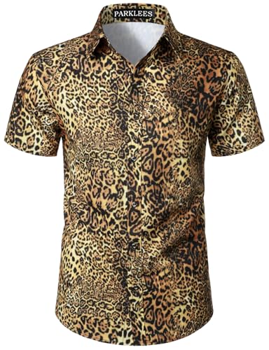 PARKLEES Men's Leopard Print Shirt Casual Cheetah Printed Short Sleeve Button Down Shirt Light Brown Large