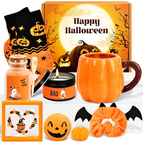 Boo Basket Stuffers for Women, 8PCS Boo Basket Gift Ideas with Pumpkin Mug Halloween Socks and Self SPA Gift for Teen, Adults, Women Boo Relaxing Sap Gifts