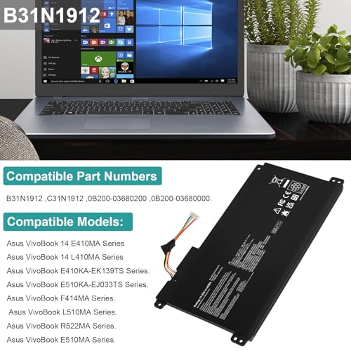 Image of B31N1912 C31N1912 Laptop Battery Replacement for ASUS VivoBook asus 14 E410M E410MA L410M L410MA E410KA F414MA E510MA E510KA L510MA R522MA L410MA L410MA-BV058TS L510ma-wb04 E510KA-EJ033TS 11.55V 42Wh