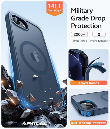 Image of FNTCASE for iPhone 17e Case: iPhone 16e Phone Case [Compatible with Magsafe] Translucent Matte Cases with [Screen Protector] Military Grade Shockproof Protective Phone Cover - Blue