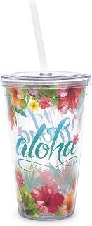 Island Heritage 16 oz. Double Insulated BPA-Free Acrylic Travel Tumbler with Straw (Aloha Floral)