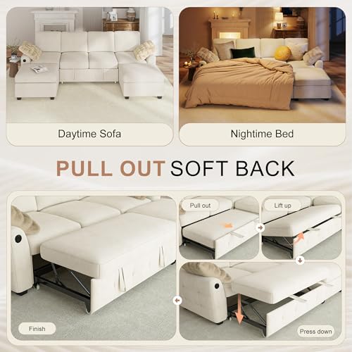 Image of Hanherry 104 inch Sectional Couch with Pull Out Sofa Bed,Chenille Sleeper Sofa with Storage Ottoman & USB Charging,Comfy U Shaped Modular Couches for Living Room,Apartment