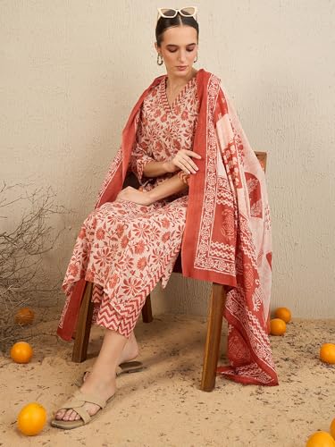 Image of INDO ERA Women's Pure Cotton Printed Straight Kurta & Pant With Dupatta Set