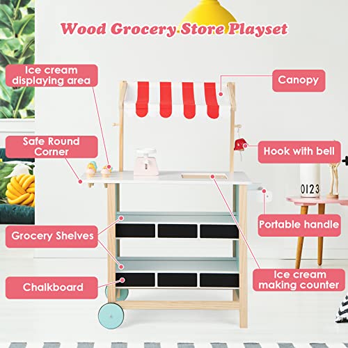 Honey Joy HJ-1434-CA Kids Ice Cream Cart, Wooden Grocery Store Playset W/6 Pieces Play Food thumb #1