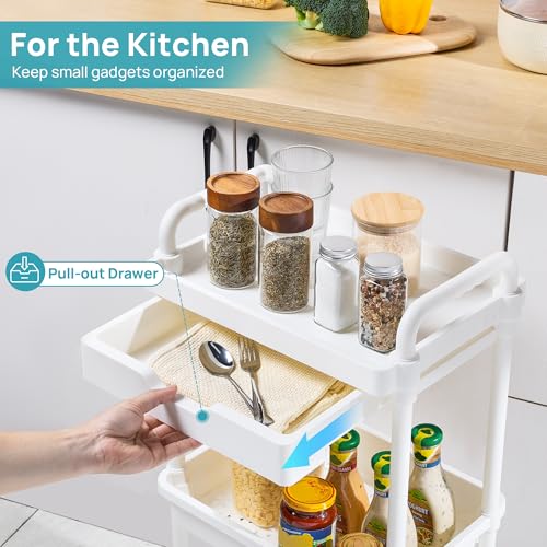 image for Vtopmart 3-Tier Rolling Utility Cart with Drawer, Plastic Storage Cart