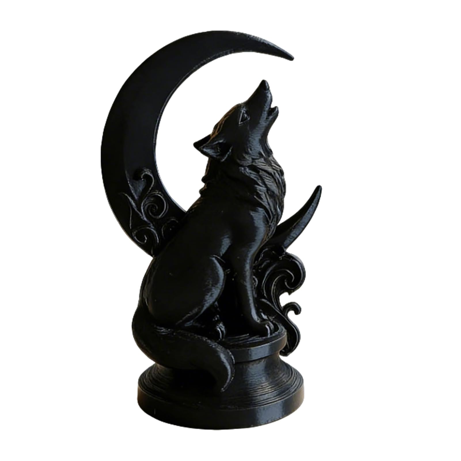 Glifora 3D Printed Howling Wolf Sculpture with Crescent Moon Base - Matte Black Finish Collector Art, Gothic Black Statue for Bookshelf and Desk