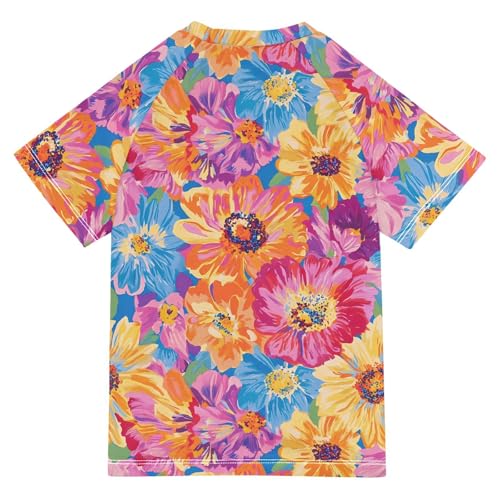 ALAZA Kids Rash Guard Girls Toddler Swim Shirts Short Sleeve Bright-Coloured Flower UPF 50+ 3T2
