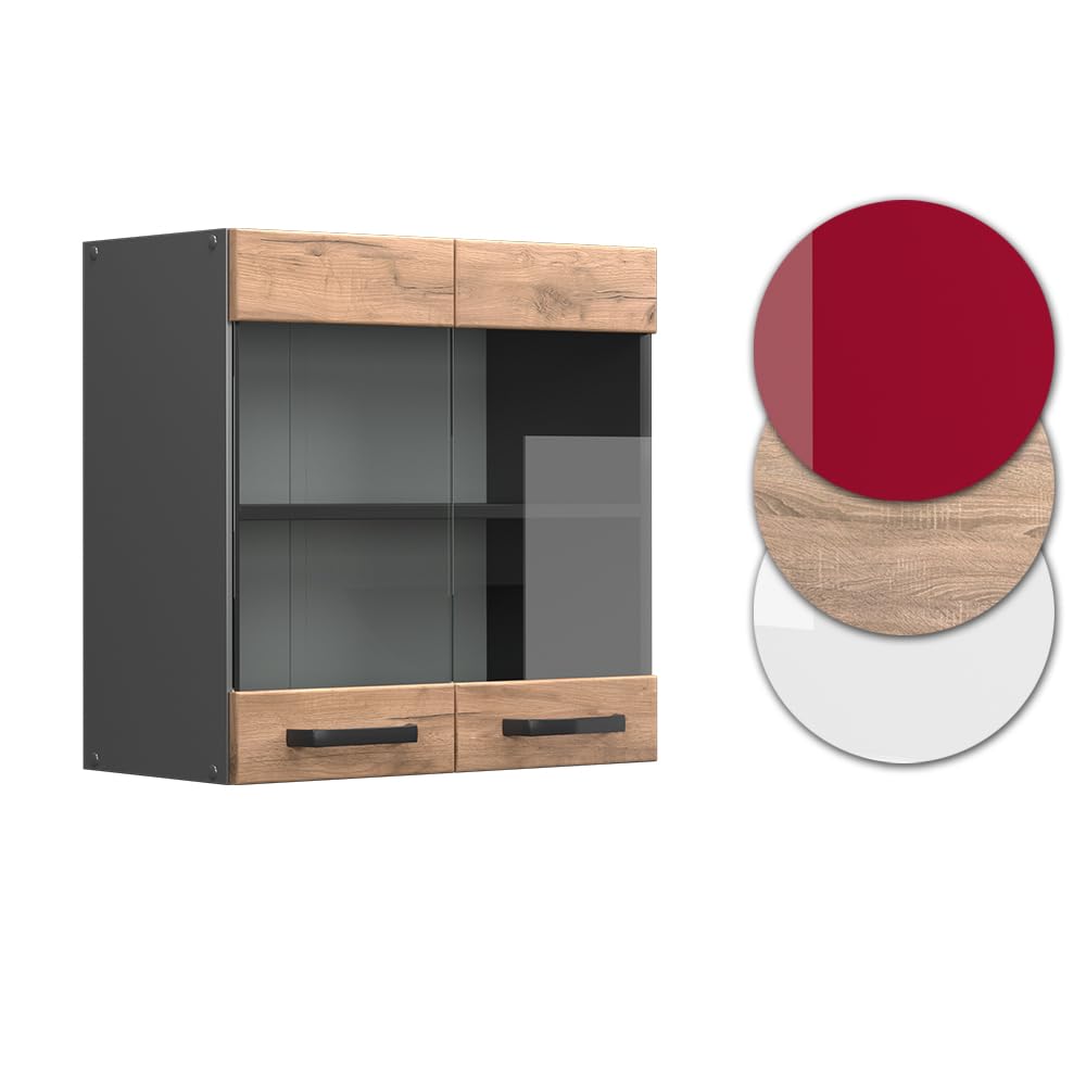 Vicco Mobile da cucina in vetro R-Line, Rovere dorato, 60 cm, per la libera combinazione all'interno di sistemi cucina modulari