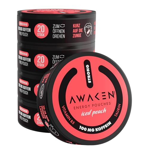 AWAKEN Energy Pouches 5 Dosen Multipack (100 Pouches) 100mg Koffein pro Pouch Zuckerfrei & Vegan (Awaken iced peach)