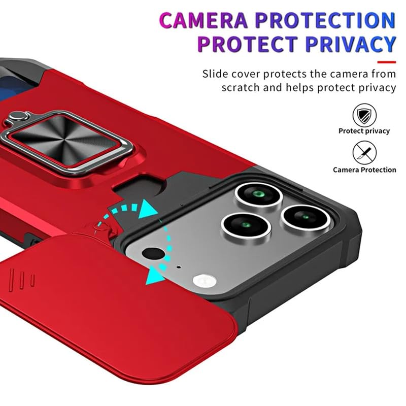 Image of LuxuryKase Shockproof Armor Case for iPhone 17 Pro | Slide Camera Cover | Hidden Card Slot | Rotating Ring Kickstand | Magnetic Car Mount Support | Military Grade Protection - Red