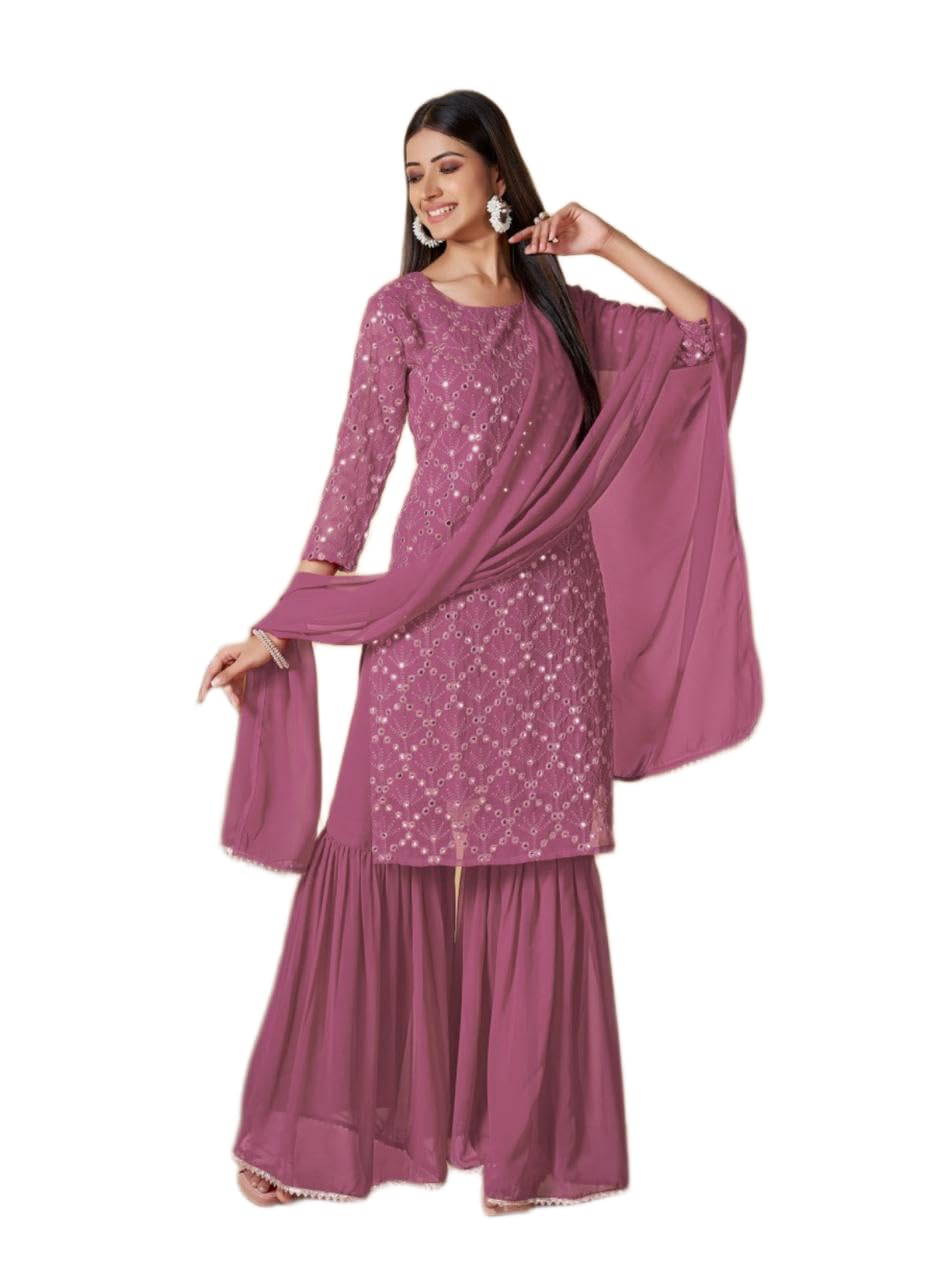 Women's Embroidered Kurta Sharara Set with Dupatta | Mirror Work Straight Kurta | Ethnic Suit Set | Festive, Wedding | Mauve-image-14