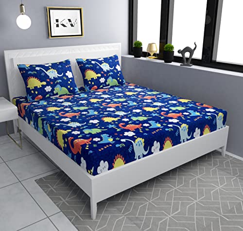 Image of Kids Dinosaurs Design Queen Size Elastic Fitted Bedsheet for Kids Room, Bedroom, Living Room, 90x100 inches, Set of 1 pc of Bedsheet & 2 Pillow Covers, Blue