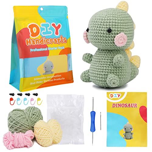 Kuppt Häkelset für Anfänger, Häkeltiere Set, Strickset mit Häkelnadeln, Garn, Schritt für Schritt Anleitungsvideo, Häkelset für Anfänger Erwachsene, DIY-Handwerkskunst (Dinosauria)