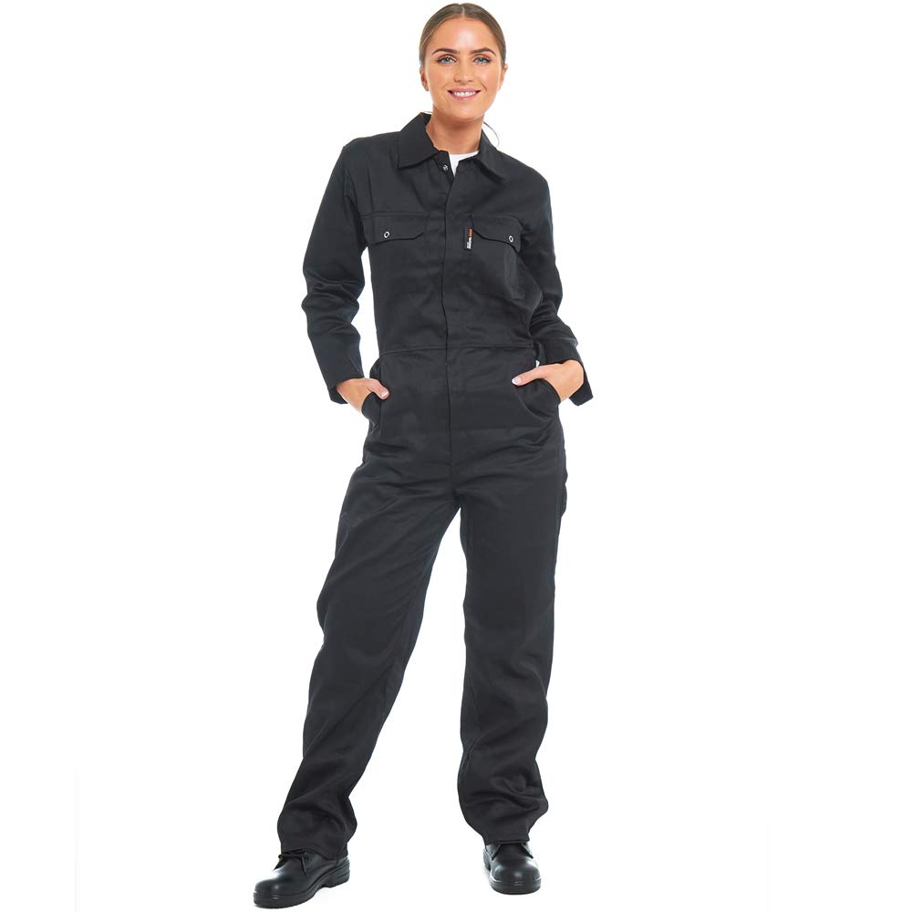 Pro-Work/Tough Gear Latzhose für Damen, strapazierfähig, Polyester-Baumwoll-Mischgewebe, Arbeitskleidung mit Druckknopfverschluss und elastischem Bund Gr. 38, Schwarz