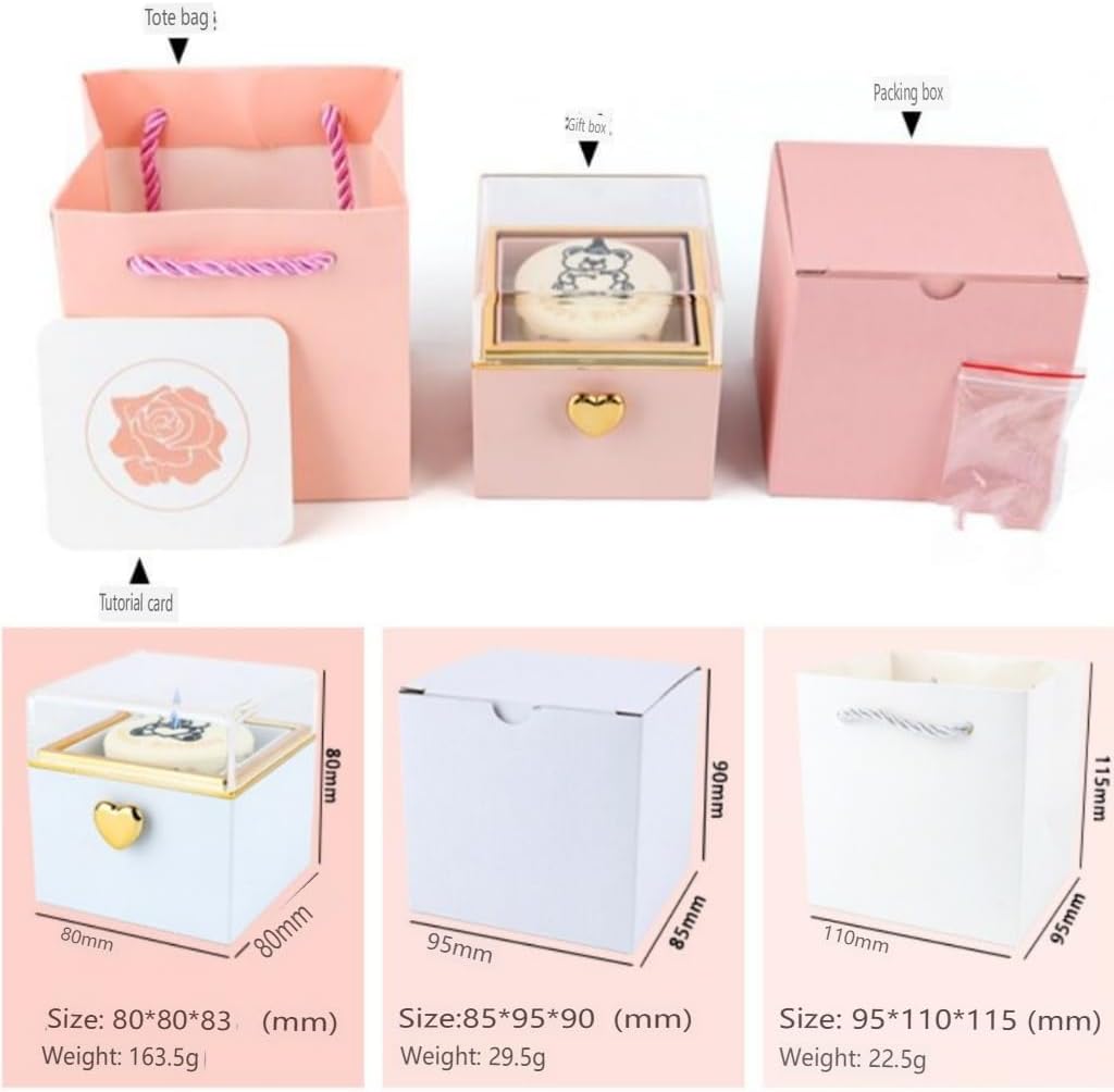 Magic Flip Jewelry Carousel with Heart Button Surprise, Rotating Transparent Gift Box - Bear Cake or Flower Design Organizer for Necklaces & Rings, Birthday Mothers Day Gifts for Women (Pink Bear)