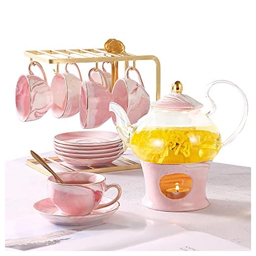 DUJUST Small Tea Set of 6, Cute and Delicate, Handcraft Pink Porcelain Tea Party Set for Girls, Real Glass Teapot Set with Warmer, 1 Pot(22oz), 6 Cups(4oz), 6 Saucers, Tea Gift Set with Shelf - Pink