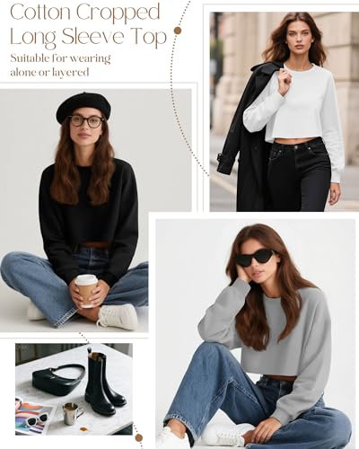 Ficerd 3 Pack Cotton Cropped Long Sleeve Tops for Women Loose Fit Crew Neck Drop Shoulder Crop T Shirts Basic Tee(Black, White, Light Gray,S)4
