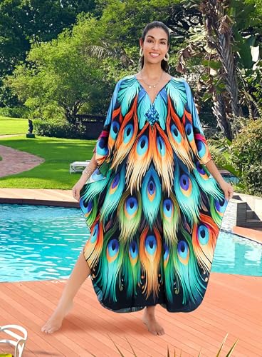 Image of Yanziliu Kaftan Dress for Women,Plus Size Hawaiian Batwing Sleeve Beach Cover Up Summer Swimsuit Dresses
