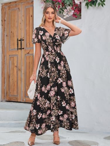 Image of Simplee Women's Boho Floral Maxi Dress Flowy Casual V Neck Short Sleeve Wedding Guest Holiday Beach Long Dress