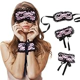 FRESHME Blindfold Sleep Mask and Hand Ties - 3 Pcs Pink Black Cute Comfortable Lace Blackout Sleeping Eye Mask Cover Blind Folds for Couples Women, Lovely Valentines Day Gift for Her Girlfriend Wife