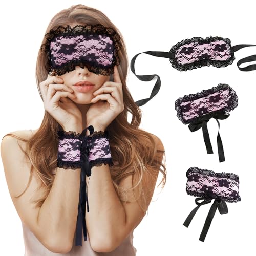 FRESHME Blindfold Sleep Mask and Hand Ties - 3 Pcs Pink Black Cute Comfortable Lace Blackout Sleeping Eye Mask Cover Blind Folds for Couples Women Lovely Valentines Day Gift for Her Girlfriend Wife