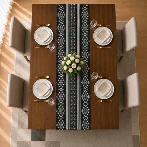 Image of STITCHNEST 'Nomad Weave Collection' Jacquard Table Runner 13x72 Inches| Tassel Finish | Modern Dining Table Decor