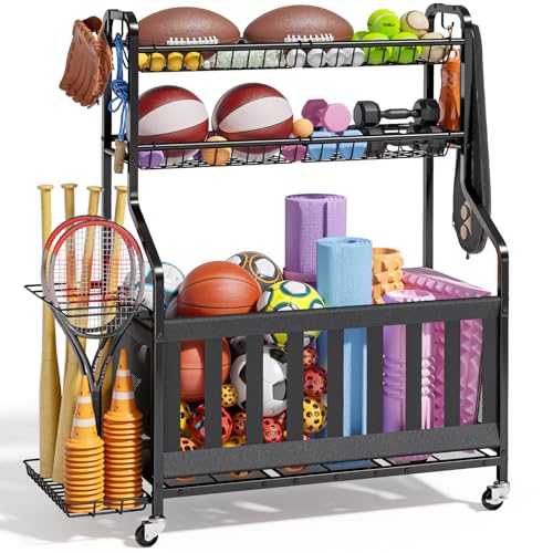 Kitsure Sports Equipment Organizer - Multi-Use Ball Storage for Toys & Sports Gear and Accessories with Hooks and Bat Holder Wheel-Equipped Rack for Garage Outdoor 40.0 x 16.7 x 45.6 Black