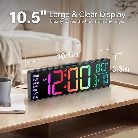 Image of LED Digital Wall Clock Hanging, Auto-Adjustable Brightness, Easy to Read at Night12 /24Hr Auto-Adjustable Brightness Temperature,for Bedroom,Living Room,Office. (Rainbow)