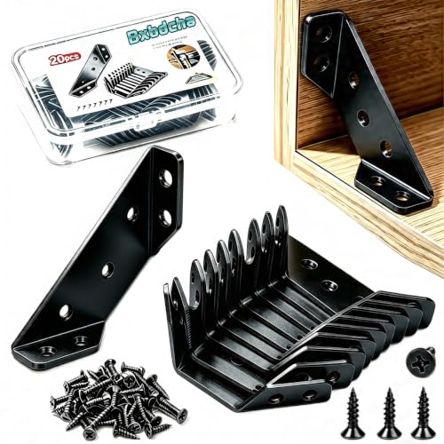 Image of 20PCS Corner Braces for Wood - Black Stainless Steel Corner Brackets, Universal L Brackets for Wood, Furniture Corner Connector, Metal Angle Bracket for Shelves, Cabinet,Chair, Table, Drawer