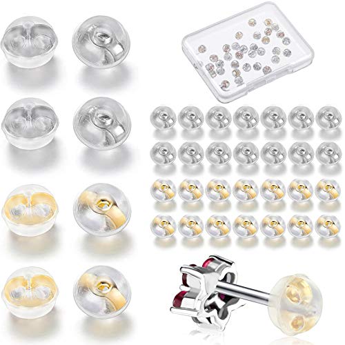40 Pieces Silicone Earring Backs Replacements Soft Earring Backs with 1 Storage Box, Safety Silver Earring Stoppers Replacement for Studs (Gold, Silver)