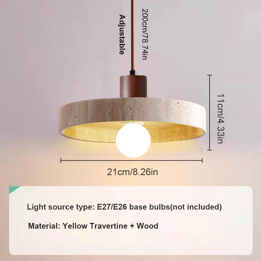 Pendelleuchte aus Japanischem Gelbem Travertin, Hängelampe aus Rundem Naturstein im Nordischen Stil mit Holzdetail Kronleuchter für Kücheninsel Schlafzimmer Nachttisch(Wood)