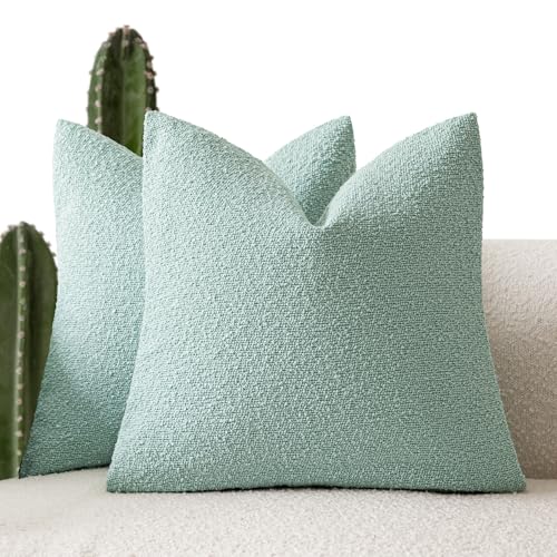 Image of Foindtower Pack of 2, Decorative Textured Boucle Throw Pillow Covers Neutral Accent Solid Pillow Cases Cozy Soft Couch Cushion Case for Chair Sofa Bedroom Living Room Home Decor 22x22 Inch Aqua Blue