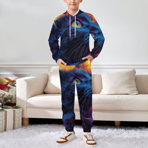 Boys Girls Pullover Hoodie and Pants Outfit 2PCS Set Sweatshirt for Kids, Cat Moonlight Hippie Neon3